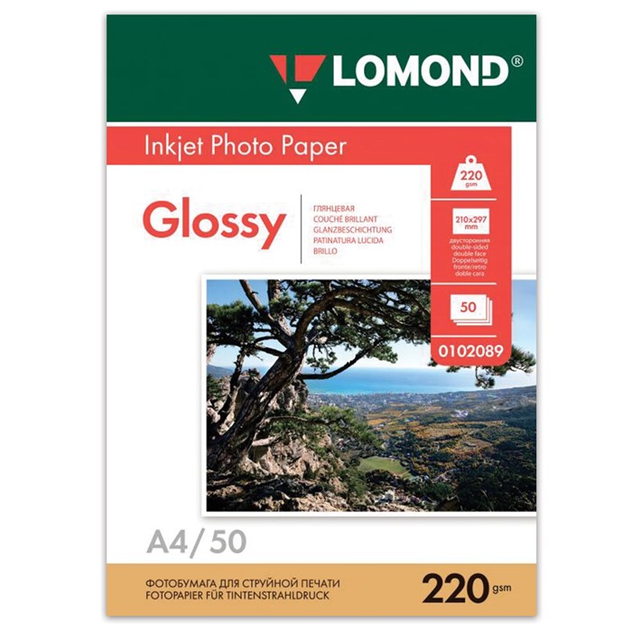Фотобумага глянцевая, А4, 220 г/м2, двусторонняя, 50 листов, LOMOND, 0102089 362301