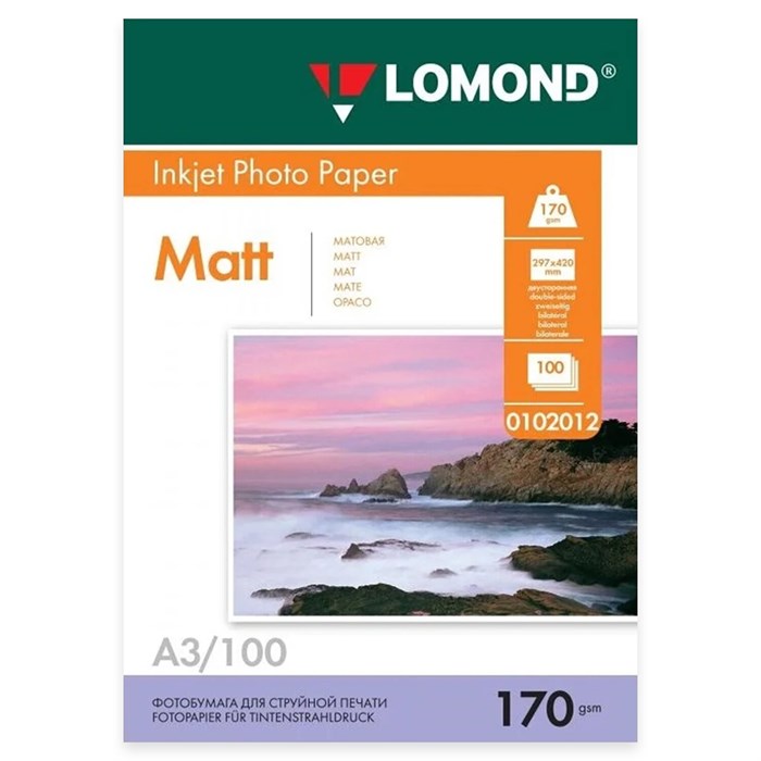 Фотобумага матовая БОЛЬШОГО ФОРМАТА, A3, 170 г/м2, двусторонняя, 100 листов, LOMOND, 0102012 364012