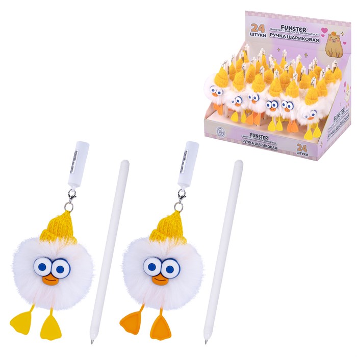 Ручка с пушистой подвеской шариковая FUNSTER (ФАНСТЕР) "FLUFFY DUCK", СИНЯЯ, ассорти, пишущий узел 0,7 мм, 144525 144525