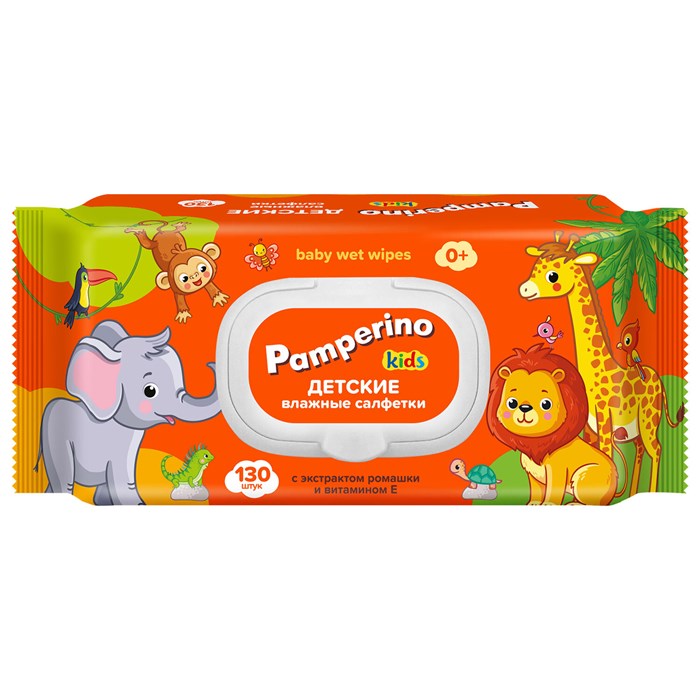 Салфетки влажные детские 130 шт., PAMPERINO, с экстрактом ромашки и витамином Е, крышка-клапан 118746