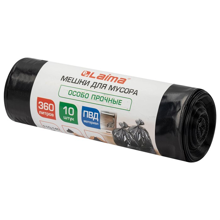 Мешки для мусора 360 л, черные в рулоне, 10 штук, особо прочные, ПВД 60 мкм, 110x140 см, LAIMA, 702687 702687