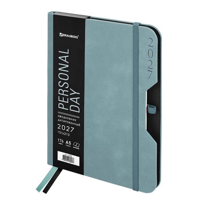 Ежедневник датированный 2027, А5, 151х213 мм, BRAUBERG "Note", под кожу, держатель для ручки, серо-голубой, 118089 118089
