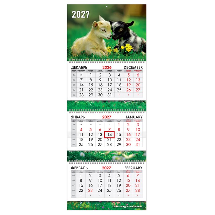 Календарь квартальный 2027 г., 3 блока, 3 гребня, бегунок, мелованная бумага, BRAUBERG EXTRA, "Милые козлята", 118301 118301