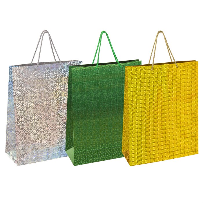 Пакет подарочный 33x13x45 см (XL), НАБОР 3 шт., 3 дизайна, голография, ЗОЛОТАЯ СКАЗКА, 609737 609737