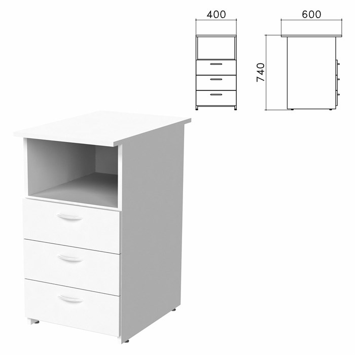 Тумба приставная Бюджет, 400х600х740 мм, 3 ящика, полка, белый 641910 - фото 56244