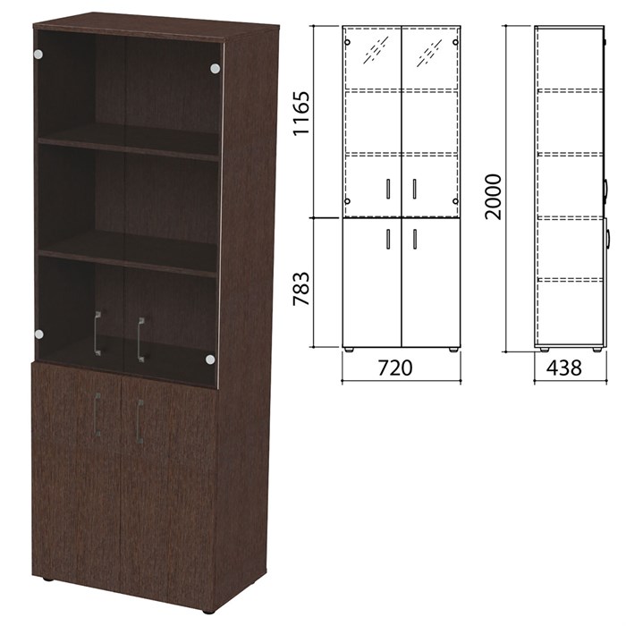 Шкаф закрытый со стеклом Приоритет 720х438х2000 мм, 4 полки, венге (КОМПЛЕКТ) 982185 - фото 56343