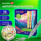 Маркеры акриловые для рисования и хобби, 12 ярких цветов, линия 3 мм, BRAUBERG ART CLASSIC, 152525 152525