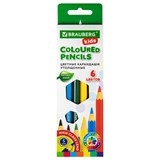 Карандаши цветные утолщенные BRAUBERG KIDS, 6 цветов, шестигранные, грифель 5 мм, натуральное дерево, 181877 181877