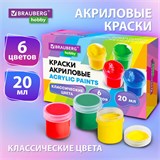 Краски акриловые для рисования и творчества 6 цветов по 20 мл, BRAUBERG HOBBY, 192434 192434