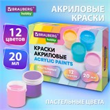 Краски акриловые ПАСТЕЛЬНЫЕ для рисования и творчества 12 цветов по 20 мл, BRAUBERG HOBBY, 192440 192440