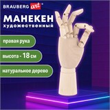 Манекен художественный "РУКА" правая, высота 18 см, дерево, BRAUBERG ART CLASSIC, 192515 192515
