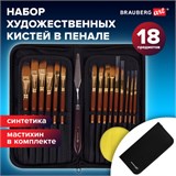 Кисти художественные набор 15 шт. + мастихин в пенале, коричневые, синтетика, BRAUBERG ART DEBUT, 201046 201046