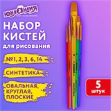 Кисти СИНТЕТИКА набор 5 шт. (круглая 3, плоская 2, 6, 14, овальная 1), блистер, ЮНЛАНДИЯ, 201069 201069
