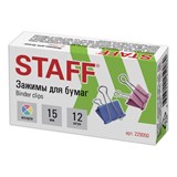 Зажимы для бумаг STAFF Profit, КОМПЛЕКТ 12 шт., 15 мм, на 45 листов, цветные, картонная коробка, 229050 229050
