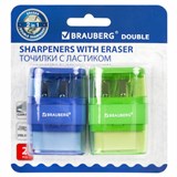 Точилки с ластиком 2 в 1 BRAUBERG "Double", НАБОР 2 ШТУКИ, 2 отверстия, синяя и зеленая, блистер, 271995 271995