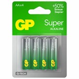 Батарейки КОМПЛЕКТ 4 шт., GP Super, AA (LR6, 15А), алкалиновые, пальчиковые, блистер 450434