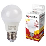 Лампа светодиодная SONNEN, 7 (60) Вт, цоколь E27, груша, теплый белый свет, 30000 ч, LED A55-7W-2700-E27, 453693 453693