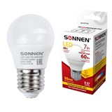 Лампа светодиодная SONNEN, 7 (60) Вт, цоколь E27, шар, теплый белый свет, 30000 ч, LED G45-7W-2700-E27, 453703 453703