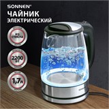 Чайник SONNEN KT-1788, 1,7 л, 2200 Вт, закрытый нагревательный элемент, стекло, черный, подсветка, 454349 454349