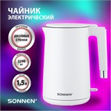 Чайник электрический с двойными стенками SONNEN KT-8719W, 1,5 л, 2200 Вт, белый, 454691 454691