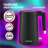 Чайник электрический с двойными стенками SONNEN KT-8719B, 1,5 л, 2200 Вт, черный, 454692 454692