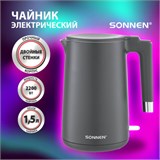 Чайник электрический с двойными стенками SONNEN KT-8719G, 1,5 л, 2200 Вт, графитовый, 454693 454693