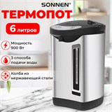 Термопот SONNEN TP-60, 6 л, 900 Вт, 1 температурный режим, 3 режима подачи воды, сталь, черный/серебро, 456713 456713