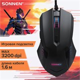 Мышь проводная SONNEN I3, пластик, 6 кнопок, 800-3200 dpi, LED-подсветка, черная, 513523 513523