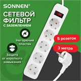 Сетевой фильтр SONNEN SPW-305, 5 розеток с заземлением, выключатель, 10 А, 3 м, белый, 513654 513654