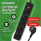 Сетевой фильтр SONNEN SPB-305, 5 розеток с заземлением, выключатель, 10 А, 3 м, черный, 513657 513657