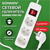 Удлинитель сетевой SONNEN PSW-183, 3 розетки c заземлением, выключатель 10 А, 1,8 м, белый, 513659 513659