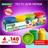 Пластилин-тесто для лепки BRAUBERG KIDS, 4 цвета, 560 г, яркие классические цвета, крышки-штампики, 106715 106715