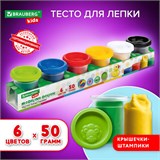 Пластилин-тесто для лепки BRAUBERG KIDS, 6 цветов, 300 г, яркие классические цвета, крышки-штампики, 106718 106718