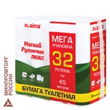 Бумага туалетная МЯГКИЙ РУЛОНЧИК ЛЮКС белая, 100% целлюлоза, спайка 32 рулона по 45 метров, 1-слойная, LAIMA, 114736 114736
