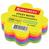 Блок самоклеящ. 67*67 мм BRAUBERG фигурный НЕОНОВЫЙ, в форме цветка, 250 л, 5 цветов, 126691 126691