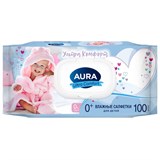 Салфетки влажные КОМПЛЕКТ 100 шт., для детей AURA Ultra comfort, гипоаллергенные, без спирта, крышка-клапан 127500