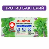 Салфетки влажные 50 шт., АНТИБАКТЕРИАЛЬНЫЕ, с экстрактом мяты, LAIMA Antibacterial, 128078 128078
