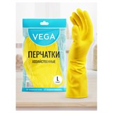 Перчатки резиновые хозяйственные Vega, многоразовые, хлопчатобумажное напыление, р. L, желтые, пакет 299047