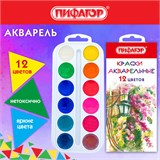Краски акварельные ПИФАГОР 12 цветов, медовые, круглые кюветы, 192549 192549