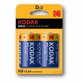 Батарейки алкалиновые КОМПЛЕКТ 2 шт., KODAK Max Super Alkaline, D (LR20, 13А), блистер 457381