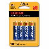 Батарейки алкалиновые "пальчиковые" КОМПЛЕКТ 4 шт., KODAK Max Super Alkaline, АА (LR6, 24А), блистер 457384